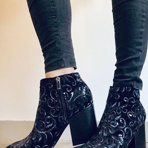 Ladies Black and Blue sequin heeled booties